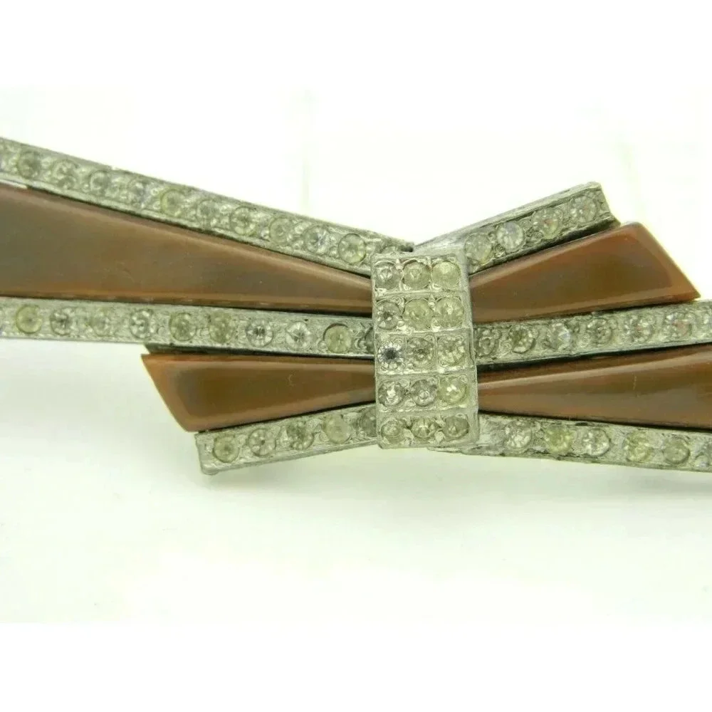 Art Deco Brown Celluloid Clear Rhinestone Belt Buc